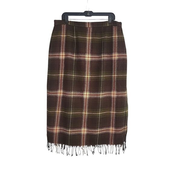 VTG Plaid Wool Blend Midi Skirt 18W Brown Fringe Blanket Preppy Grunge Academia - Picture 1 of 11